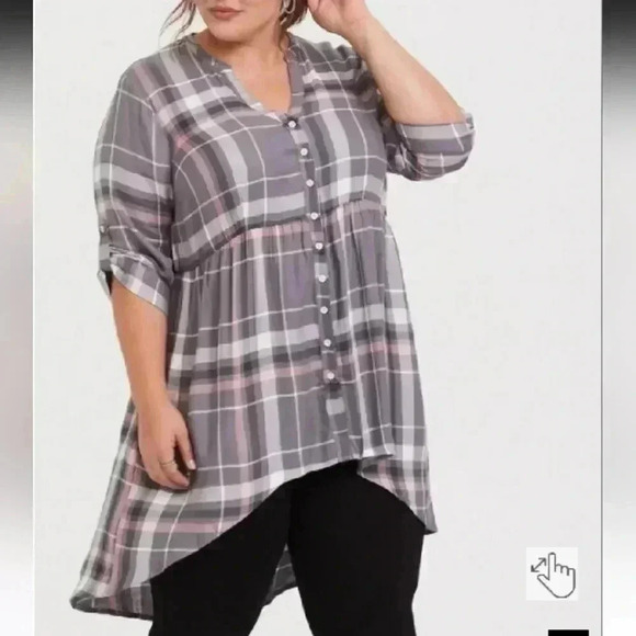 Torrid Purple and Gray Plaid V-Neck Cuffed Sleeve Top, 2x - Picture 2 of 11